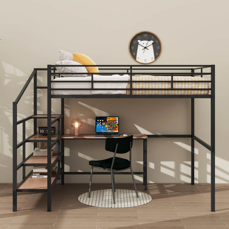 A Full Sized Metal Loft Bed Featuring A Desk And A Side Storage Ladder Black